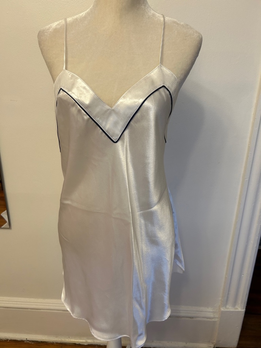Vintage Ivory Satin Slip Dress with Black Contrast Piping